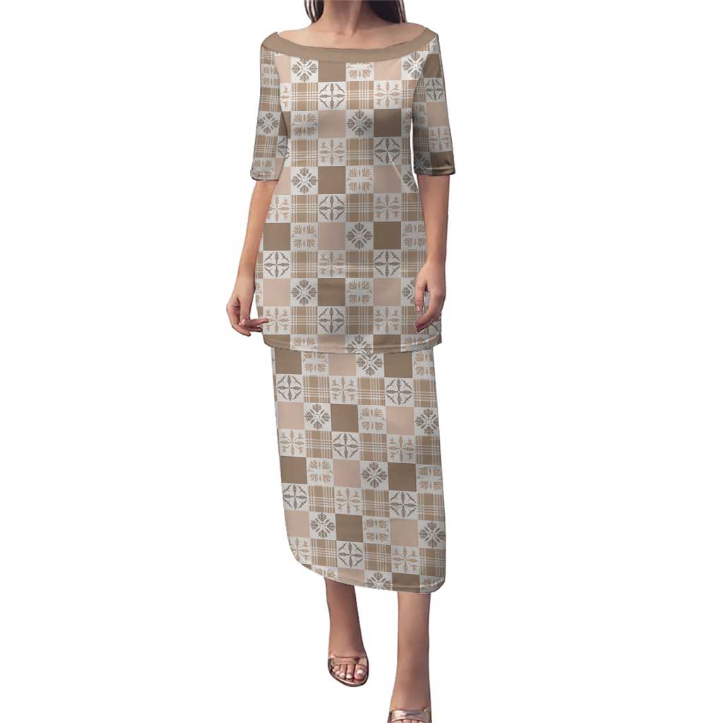 Hawaiian Palaka Quilt Pattern Puletasi Hawaii Culture Bird of Paradise Exotic Motif LT9 Long Dress Beige - Polynesian Pride