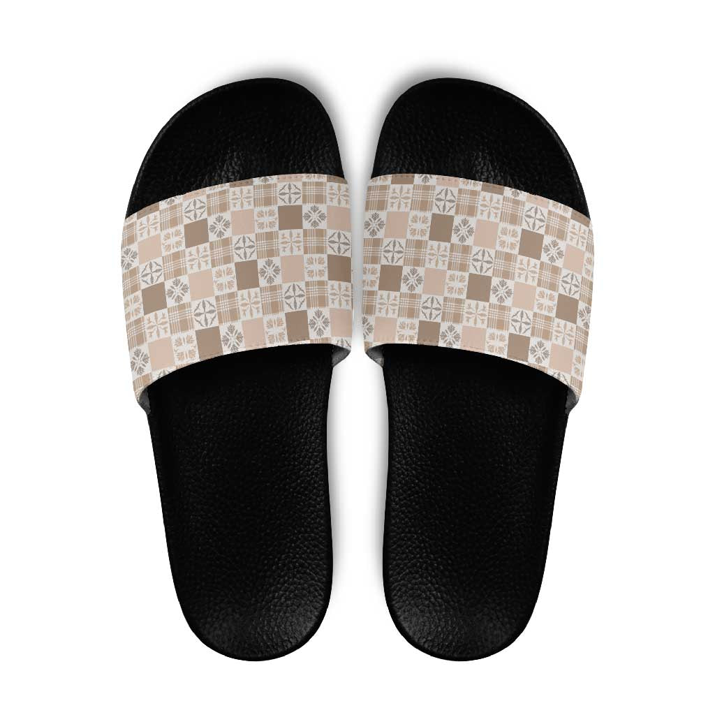 Hawaiian Palaka Quilt Pattern Slide Sandals Hawaii Culture Bird of Paradise Exotic Motif LT9 Beige - Polynesian Pride