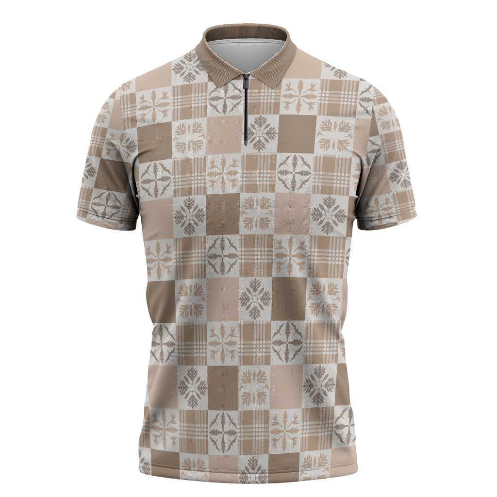 Hawaiian Palaka Quilt Pattern Zipper Polo Shirt Hawaii Culture Bird of Paradise Exotic Motif LT9 Beige - Polynesian Pride