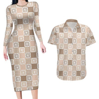 Hawaiian Palaka Quilt Pattern Couples Matching Long Sleeve Bodycon Dress and Hawaiian Shirt Hawaii Culture Honu Turtle LT9 Beige - Polynesian Pride
