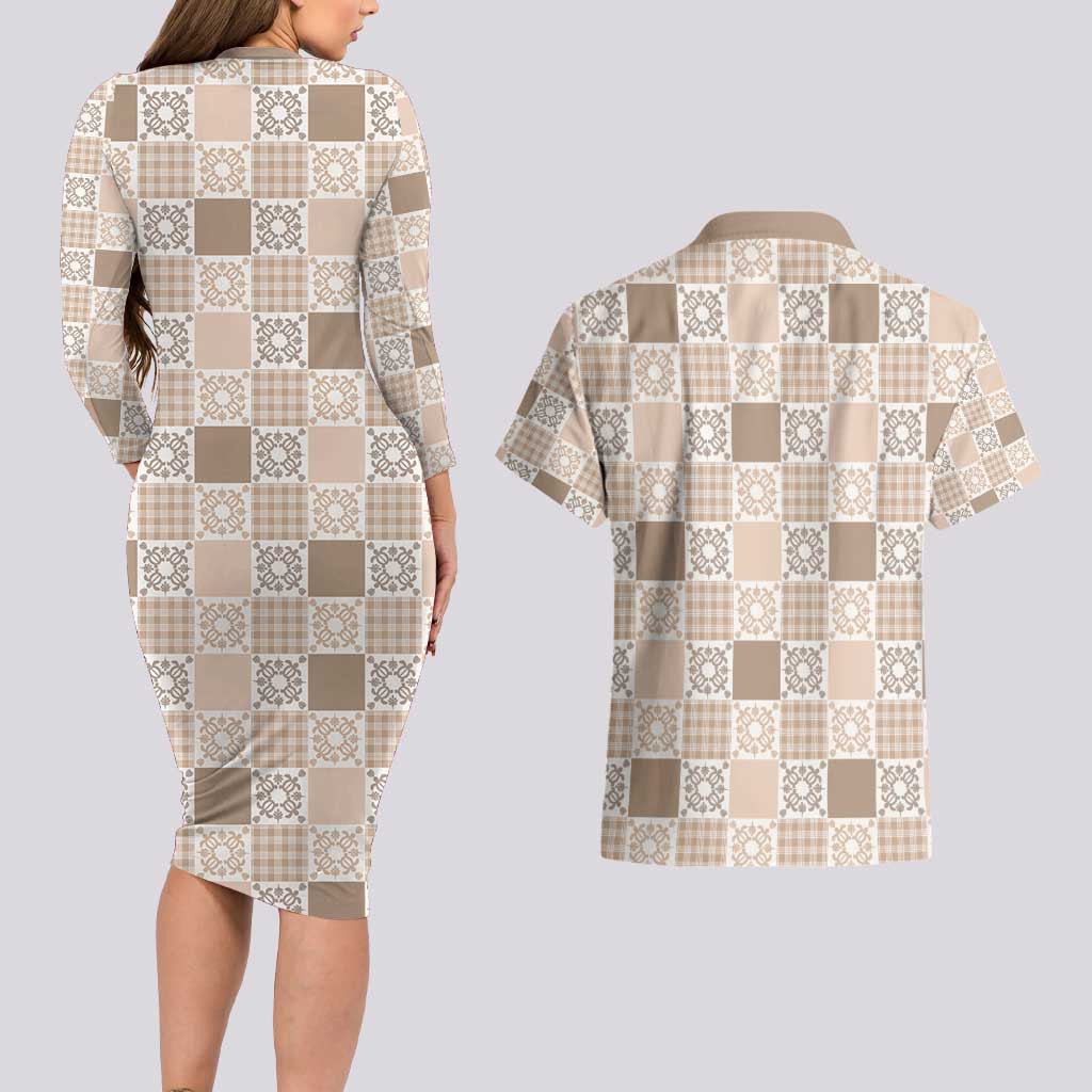 Hawaiian Palaka Quilt Pattern Couples Matching Long Sleeve Bodycon Dress and Hawaiian Shirt Hawaii Culture Honu Turtle LT9 - Polynesian Pride