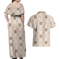 Hawaiian Palaka Quilt Pattern Couples Matching Off Shoulder Maxi Dress and Hawaiian Shirt Hawaii Culture Honu Turtle LT9 - Polynesian Pride