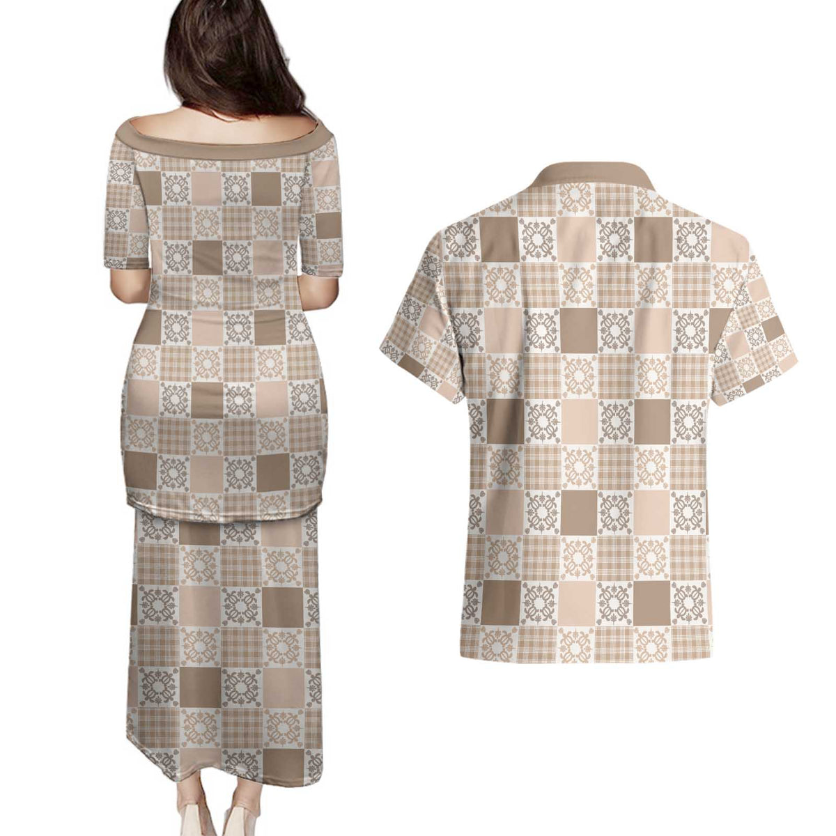 Hawaiian Palaka Quilt Pattern Couples Matching Puletasi and Hawaiian Shirt Hawaii Culture Honu Turtle - Polynesian Pride