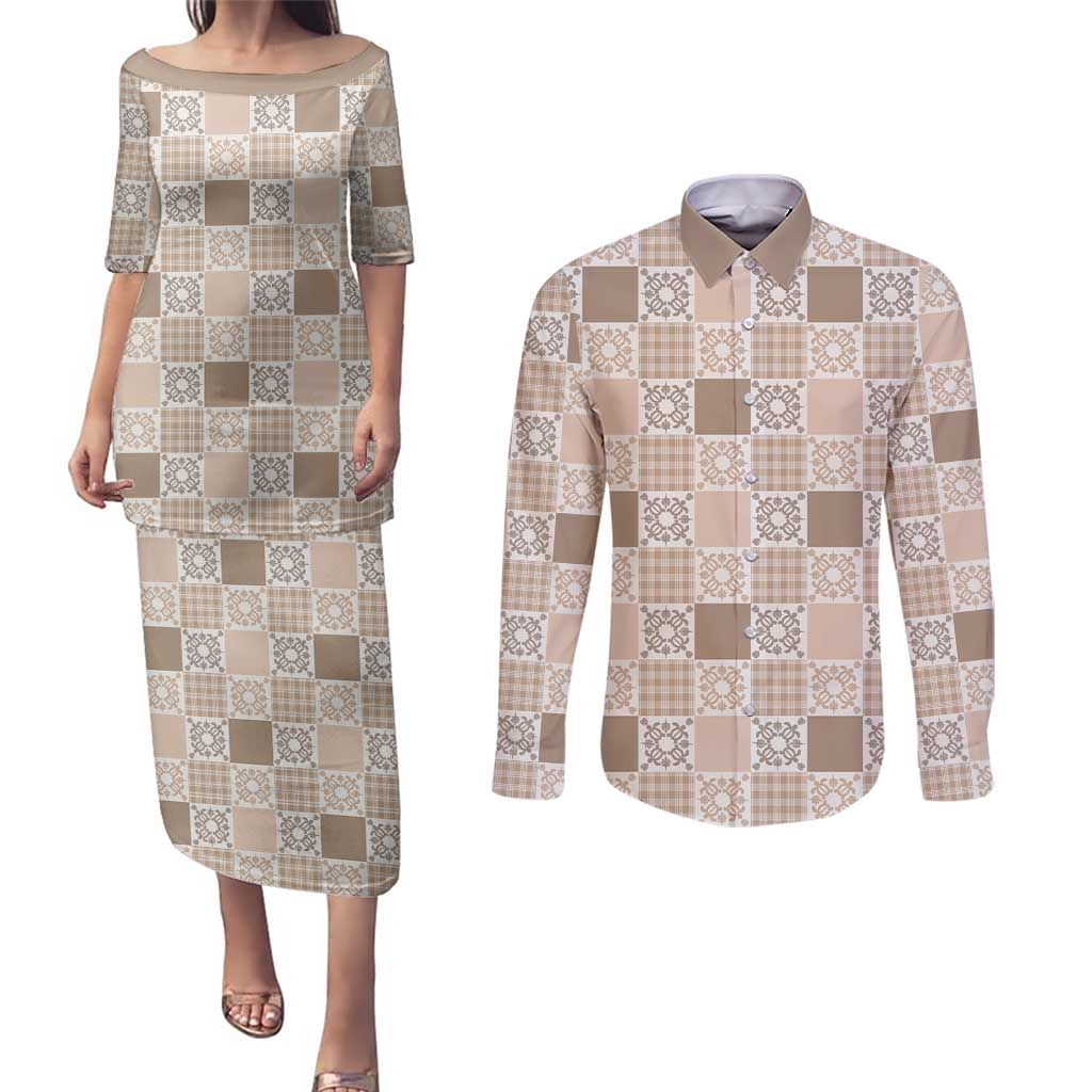 Hawaiian Palaka Quilt Pattern Couples Matching Puletasi and Long Sleeve Button Shirt Hawaii Culture Honu Turtle LT9 Beige - Polynesian Pride