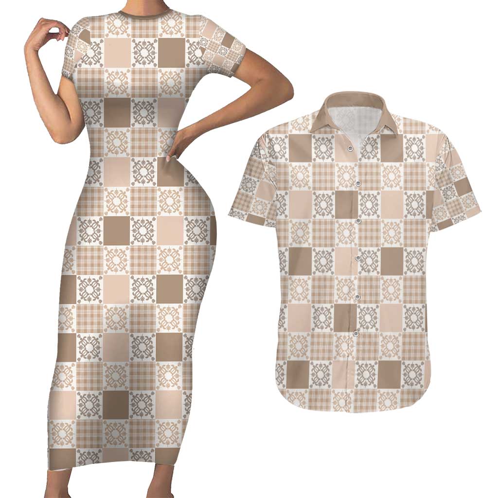 Hawaiian Palaka Quilt Pattern Couples Matching Short Sleeve Bodycon Dress and Hawaiian Shirt Hawaii Culture Honu Turtle LT9 Beige - Polynesian Pride