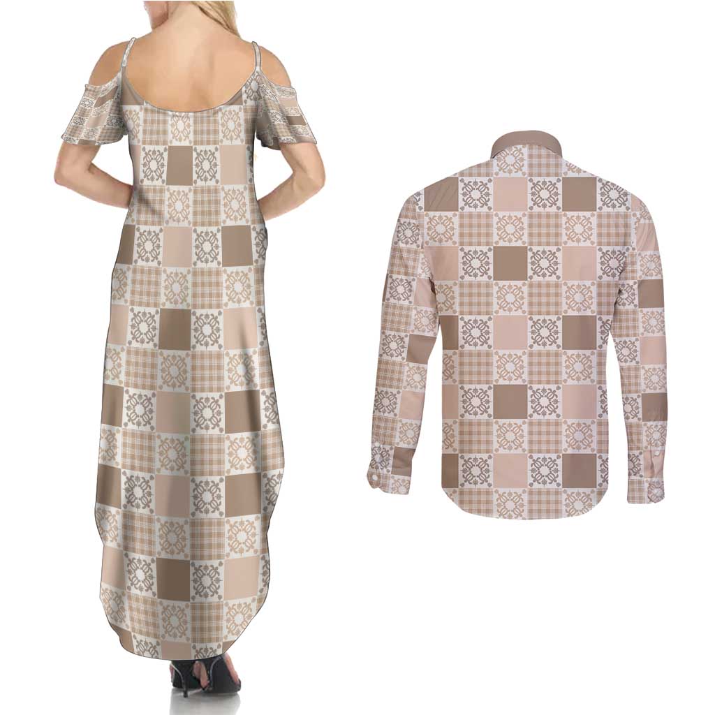 Hawaiian Palaka Quilt Pattern Couples Matching Summer Maxi Dress and Long Sleeve Button Shirt Hawaii Culture Honu Turtle - Polynesian Pride