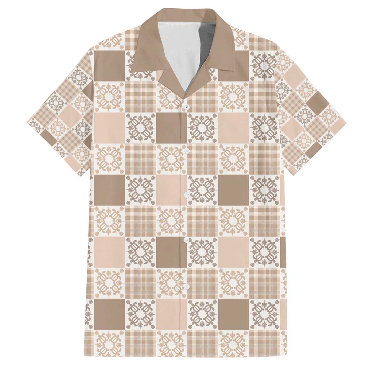 Hawaiian Palaka Quilt Pattern Family Matching Off The Shoulder Long Sleeve Dress and Hawaiian Shirt Hawaii Culture Honu Turtle LT9 Dad's Shirt - Short Sleeve Beige - Polynesian Pride