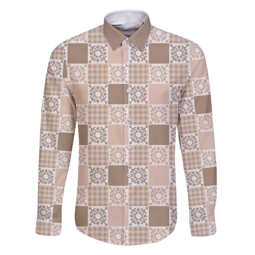 Hawaiian Palaka Quilt Pattern Family Matching Off Shoulder Short Dress and Hawaiian Shirt Hawaii Culture Honu Turtle LT9 Dad's Shirt - Long Sleeve Beige - Polynesian Pride
