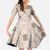Hawaiian Palaka Quilt Pattern Family Matching Puletasi and Hawaiian Shirt Hawaii Culture Honu Turtle LT9 Daughter's Dress Beige - Polynesian Pride