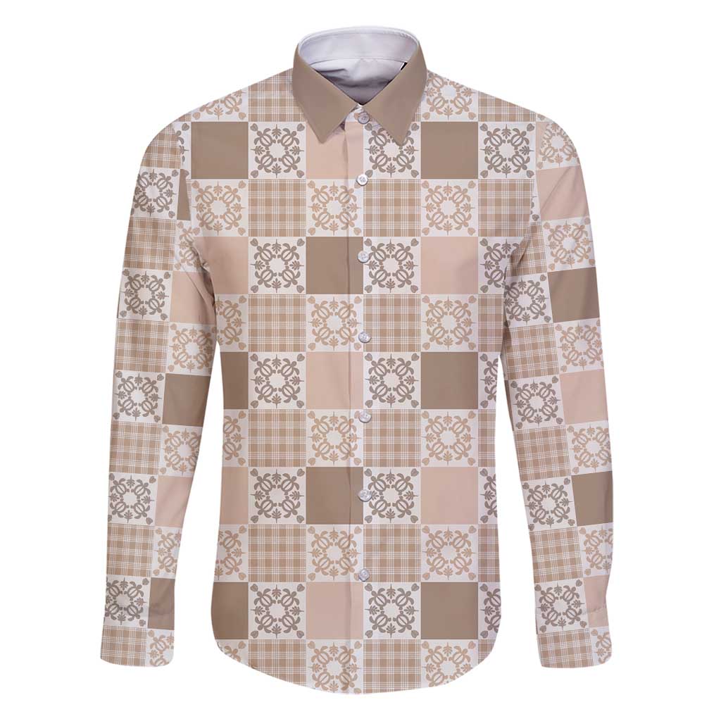 Hawaiian Palaka Quilt Pattern Family Matching Puletasi and Hawaiian Shirt Hawaii Culture Honu Turtle LT9 Dad's Shirt - Long Sleeve Beige - Polynesian Pride