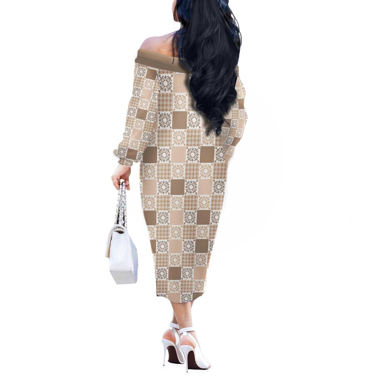 Hawaiian Palaka Quilt Pattern Off The Shoulder Long Sleeve Dress Hawaii Culture Honu Turtle - Polynesian Pride