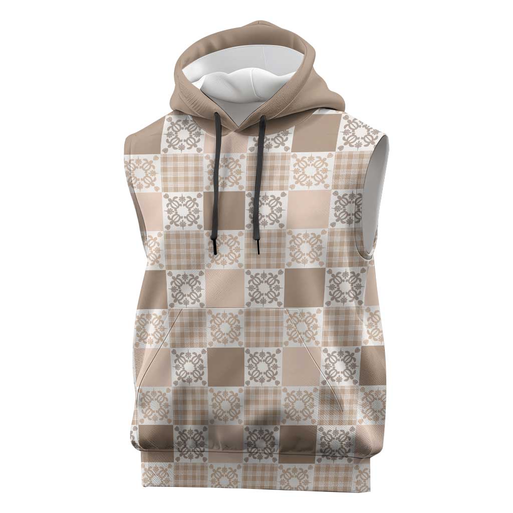 Hawaiian Palaka Quilt Pattern Sleeveless Hoodie Hawaii Culture Honu Turtle LT9 Beige - Polynesian Pride