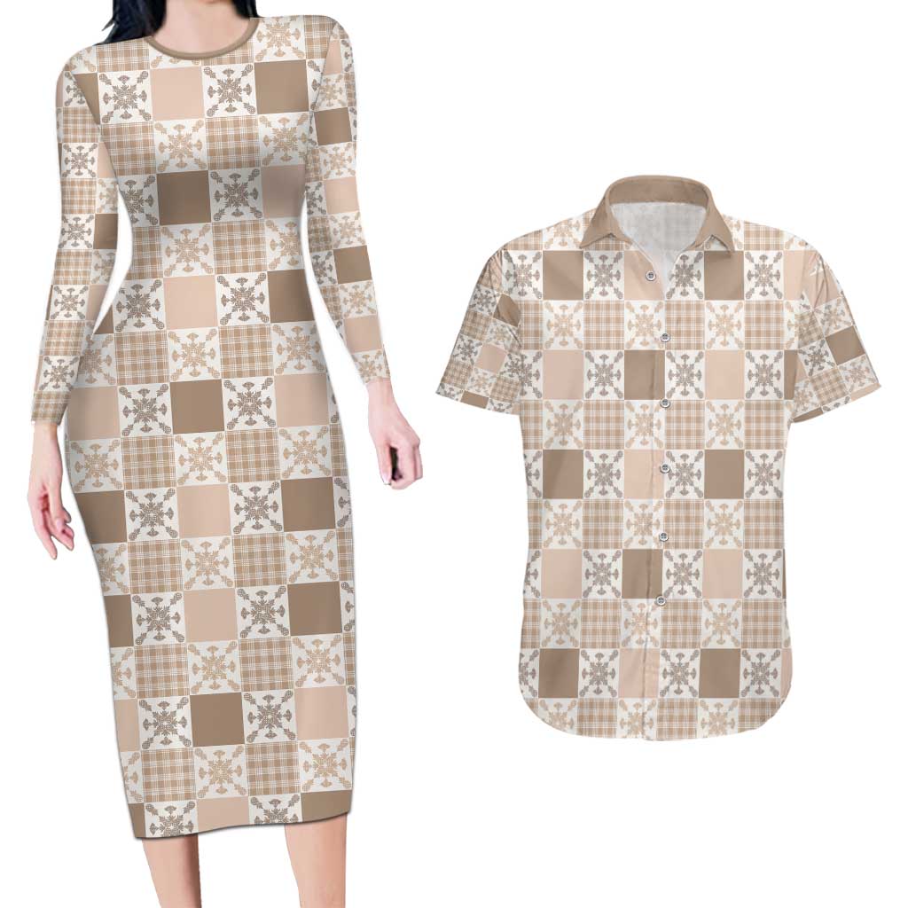 Hawaiian Palaka Quilt Pattern Couples Matching Long Sleeve Bodycon Dress and Hawaiian Shirt Hawaii Culture Pineapple LT9 Beige - Polynesian Pride
