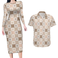 Hawaiian Palaka Quilt Pattern Couples Matching Long Sleeve Bodycon Dress and Hawaiian Shirt Hawaii Culture Pineapple LT9 Beige - Polynesian Pride