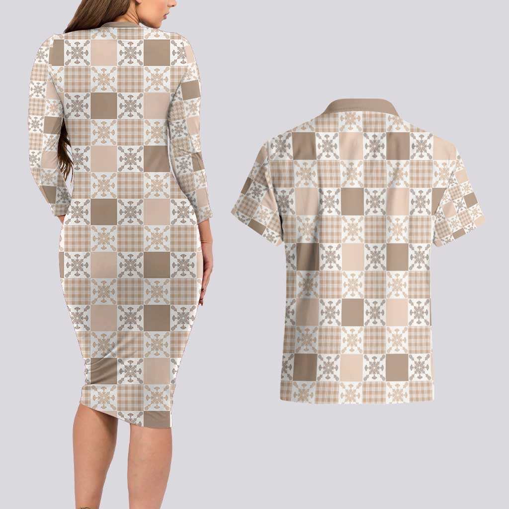 Hawaiian Palaka Quilt Pattern Couples Matching Long Sleeve Bodycon Dress and Hawaiian Shirt Hawaii Culture Pineapple LT9 - Polynesian Pride