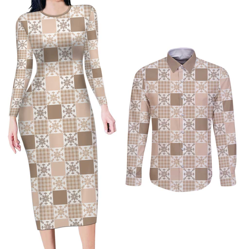 Hawaiian Palaka Quilt Pattern Couples Matching Long Sleeve Bodycon Dress and Long Sleeve Button Shirt Hawaii Culture Pineapple LT9 Beige - Polynesian Pride