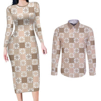 Hawaiian Palaka Quilt Pattern Couples Matching Long Sleeve Bodycon Dress and Long Sleeve Button Shirt Hawaii Culture Pineapple LT9 Beige - Polynesian Pride