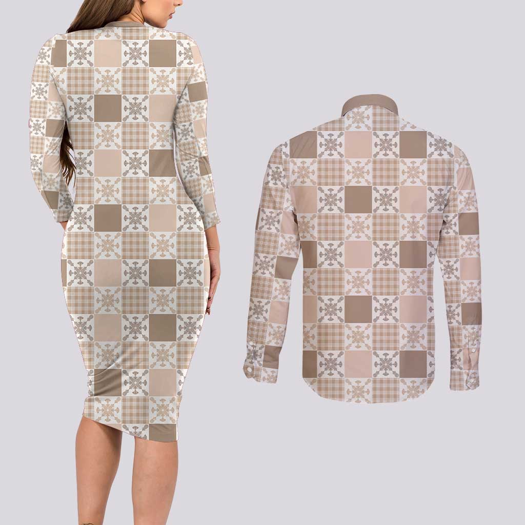 Hawaiian Palaka Quilt Pattern Couples Matching Long Sleeve Bodycon Dress and Long Sleeve Button Shirt Hawaii Culture Pineapple LT9 - Polynesian Pride