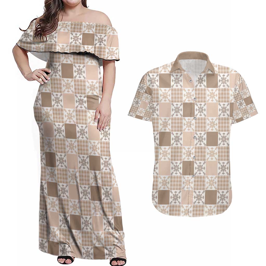 Hawaiian Palaka Quilt Pattern Couples Matching Off Shoulder Maxi Dress and Hawaiian Shirt Hawaii Culture Pineapple LT9 Beige - Polynesian Pride