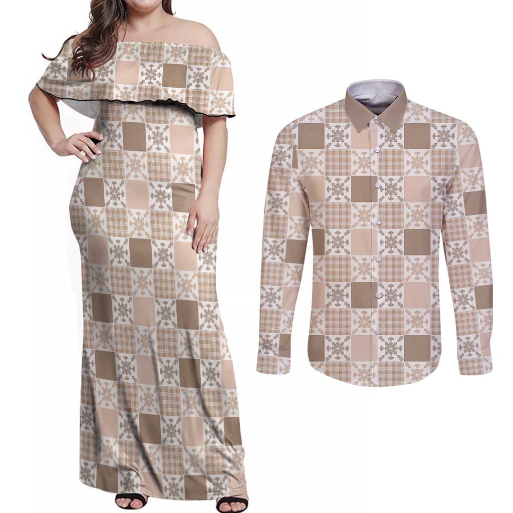 Hawaiian Palaka Quilt Pattern Couples Matching Off Shoulder Maxi Dress and Long Sleeve Button Shirt Hawaii Culture Pineapple LT9 Beige - Polynesian Pride