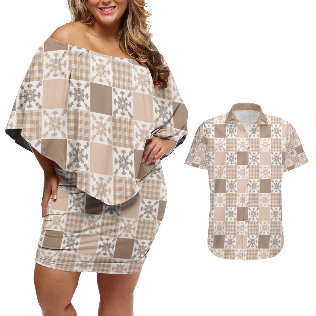 Hawaiian Palaka Quilt Pattern Couples Matching Off Shoulder Short Dress and Hawaiian Shirt Hawaii Culture Pineapple LT9 Beige - Polynesian Pride