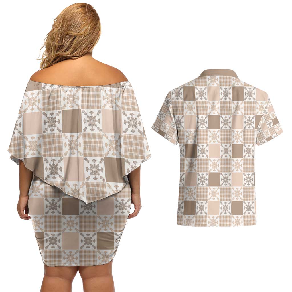 Hawaiian Palaka Quilt Pattern Couples Matching Off Shoulder Short Dress and Hawaiian Shirt Hawaii Culture Pineapple LT9 - Polynesian Pride