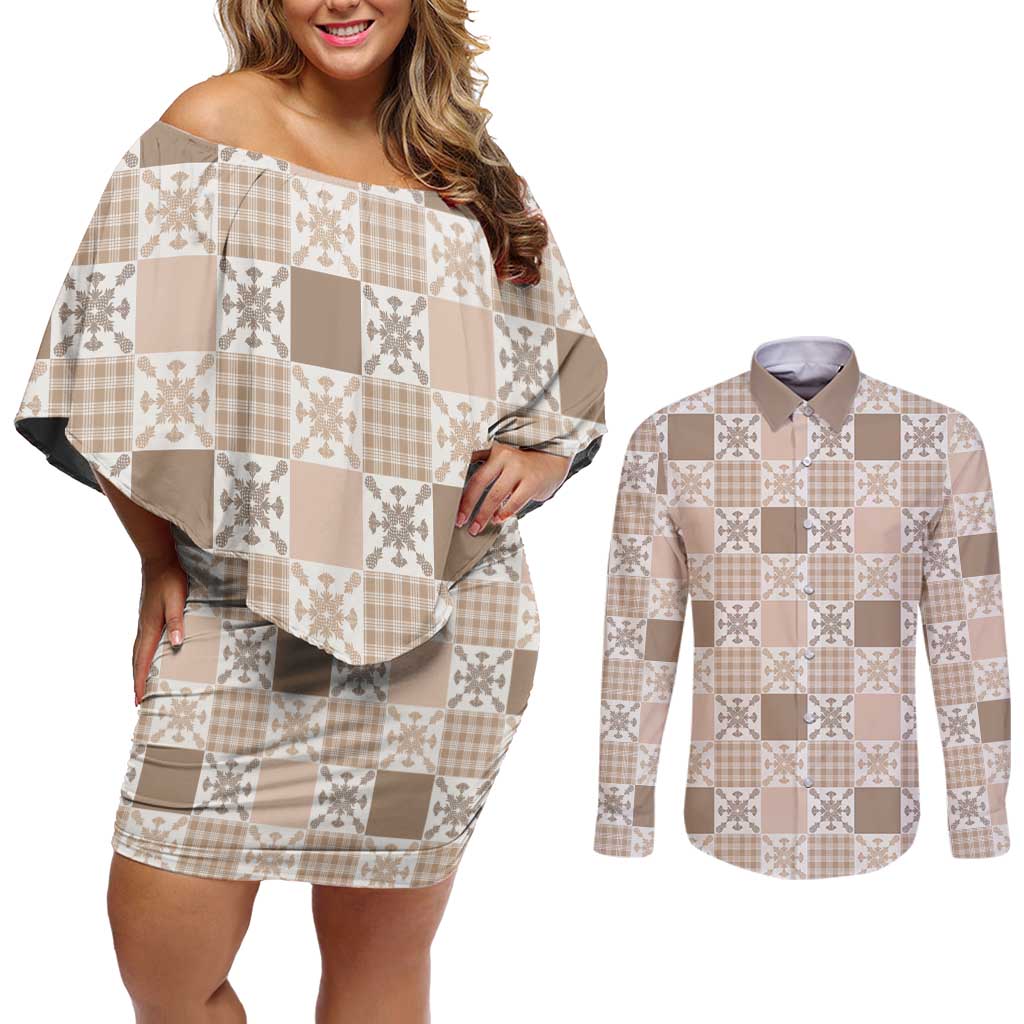 Hawaiian Palaka Quilt Pattern Couples Matching Off Shoulder Short Dress and Long Sleeve Button Shirt Hawaii Culture Pineapple LT9 Beige - Polynesian Pride