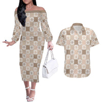 Hawaiian Palaka Quilt Pattern Couples Matching Off The Shoulder Long Sleeve Dress and Hawaiian Shirt Hawaii Culture Pineapple LT9 Beige - Polynesian Pride