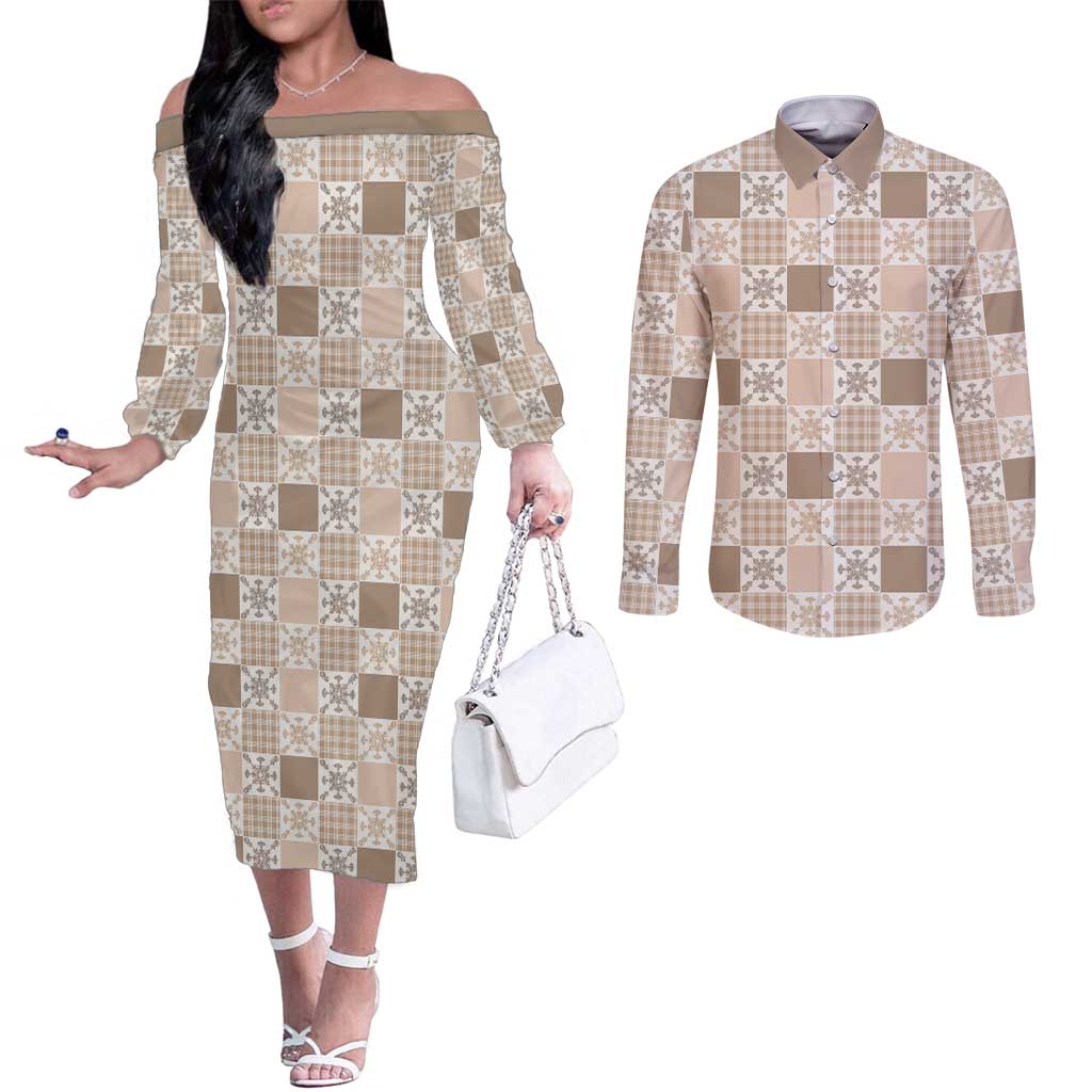 Hawaiian Palaka Quilt Pattern Couples Matching Off The Shoulder Long Sleeve Dress and Long Sleeve Button Shirt Hawaii Culture Pineapple LT9 Beige - Polynesian Pride