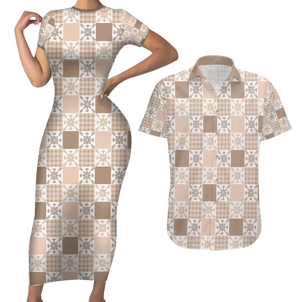 Hawaiian Palaka Quilt Pattern Couples Matching Short Sleeve Bodycon Dress and Hawaiian Shirt Hawaii Culture Pineapple LT9 Beige - Polynesian Pride