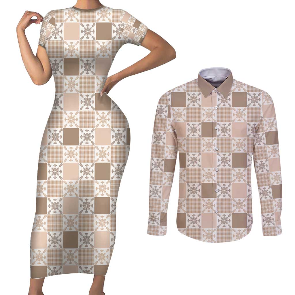 Hawaiian Palaka Quilt Pattern Couples Matching Short Sleeve Bodycon Dress and Long Sleeve Button Shirt Hawaii Culture Pineapple LT9 Beige - Polynesian Pride