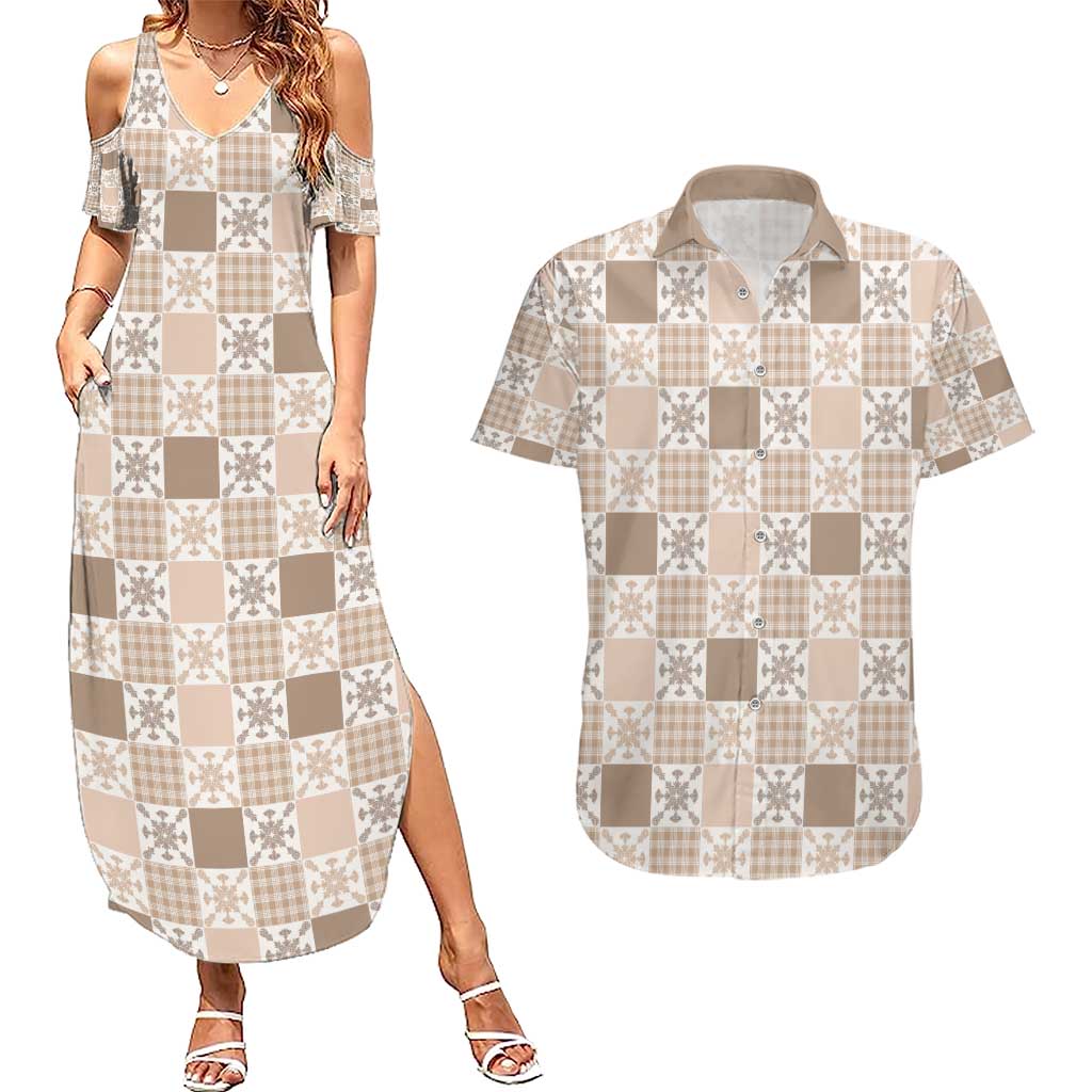Hawaiian Palaka Quilt Pattern Couples Matching Summer Maxi Dress and Hawaiian Shirt Hawaii Culture Pineapple LT9 Beige - Polynesian Pride