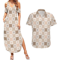 Hawaiian Palaka Quilt Pattern Couples Matching Summer Maxi Dress and Hawaiian Shirt Hawaii Culture Pineapple LT9 Beige - Polynesian Pride