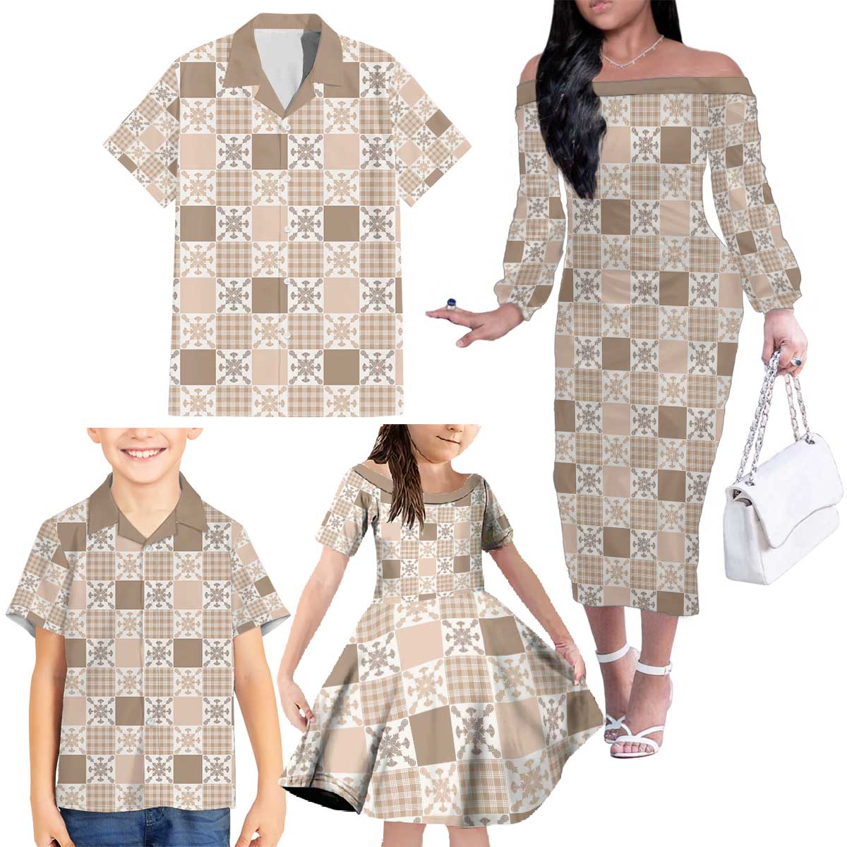 Hawaiian Palaka Quilt Pattern Family Matching Off The Shoulder Long Sleeve Dress and Hawaiian Shirt Hawaii Culture Pineapple LT9 - Polynesian Pride
