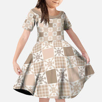 Hawaiian Palaka Quilt Pattern Family Matching Off Shoulder Maxi Dress and Hawaiian Shirt Hawaii Culture Pineapple LT9 Daughter's Dress Beige - Polynesian Pride