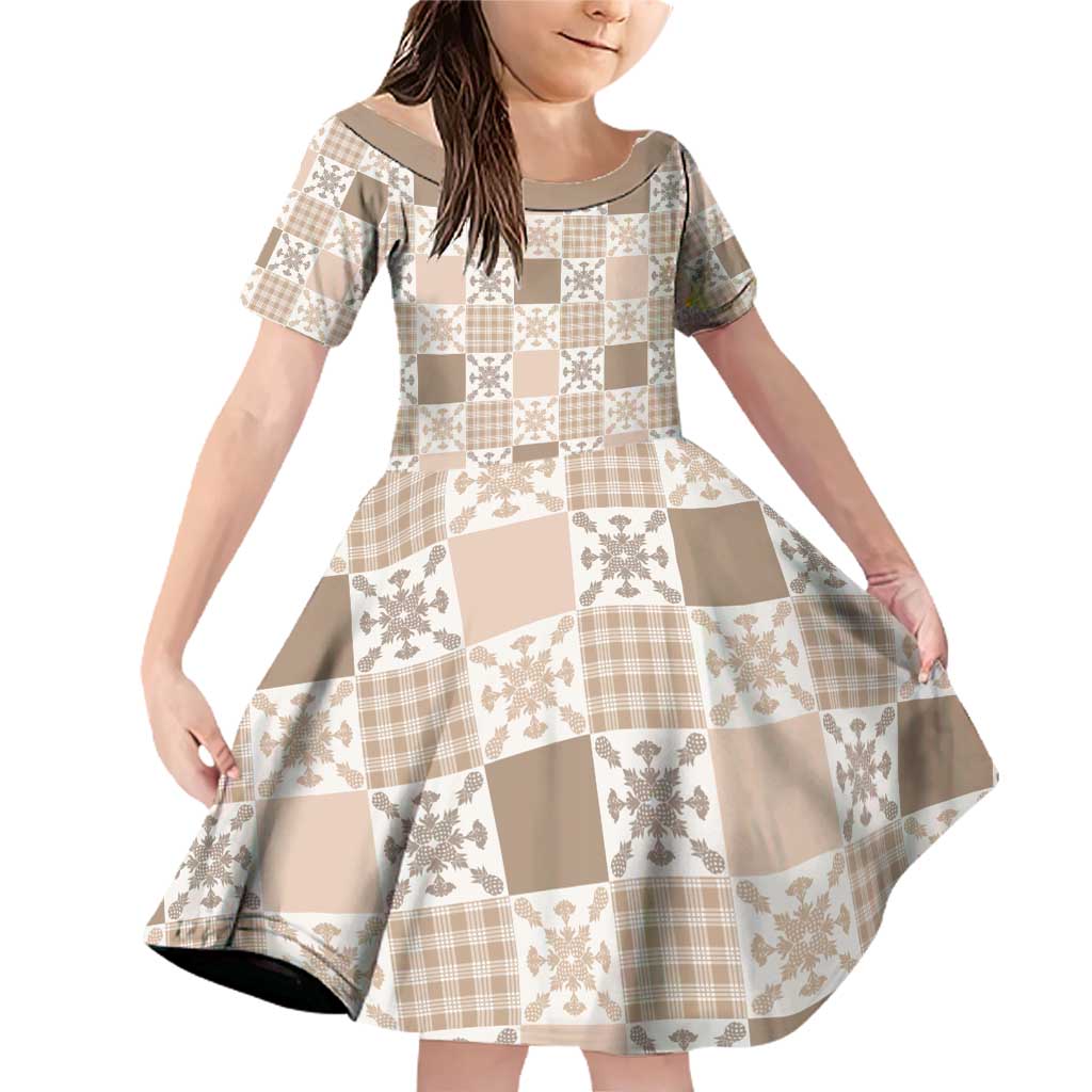 Hawaiian Palaka Quilt Pattern Family Matching Off Shoulder Short Dress and Hawaiian Shirt Hawaii Culture Pineapple LT9 Daughter's Dress Beige - Polynesian Pride