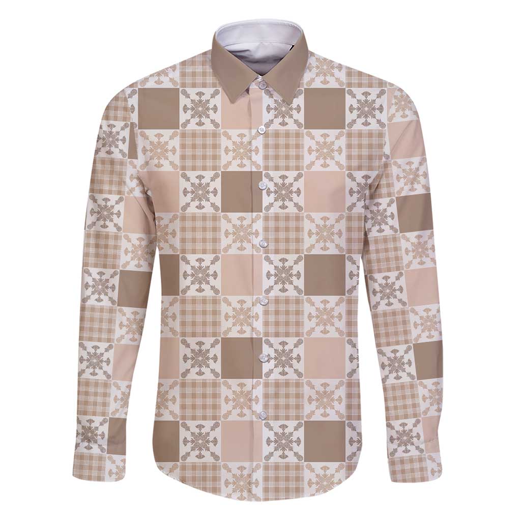 Hawaiian Palaka Quilt Pattern Family Matching Puletasi and Hawaiian Shirt Hawaii Culture Pineapple LT9 Dad's Shirt - Long Sleeve Beige - Polynesian Pride