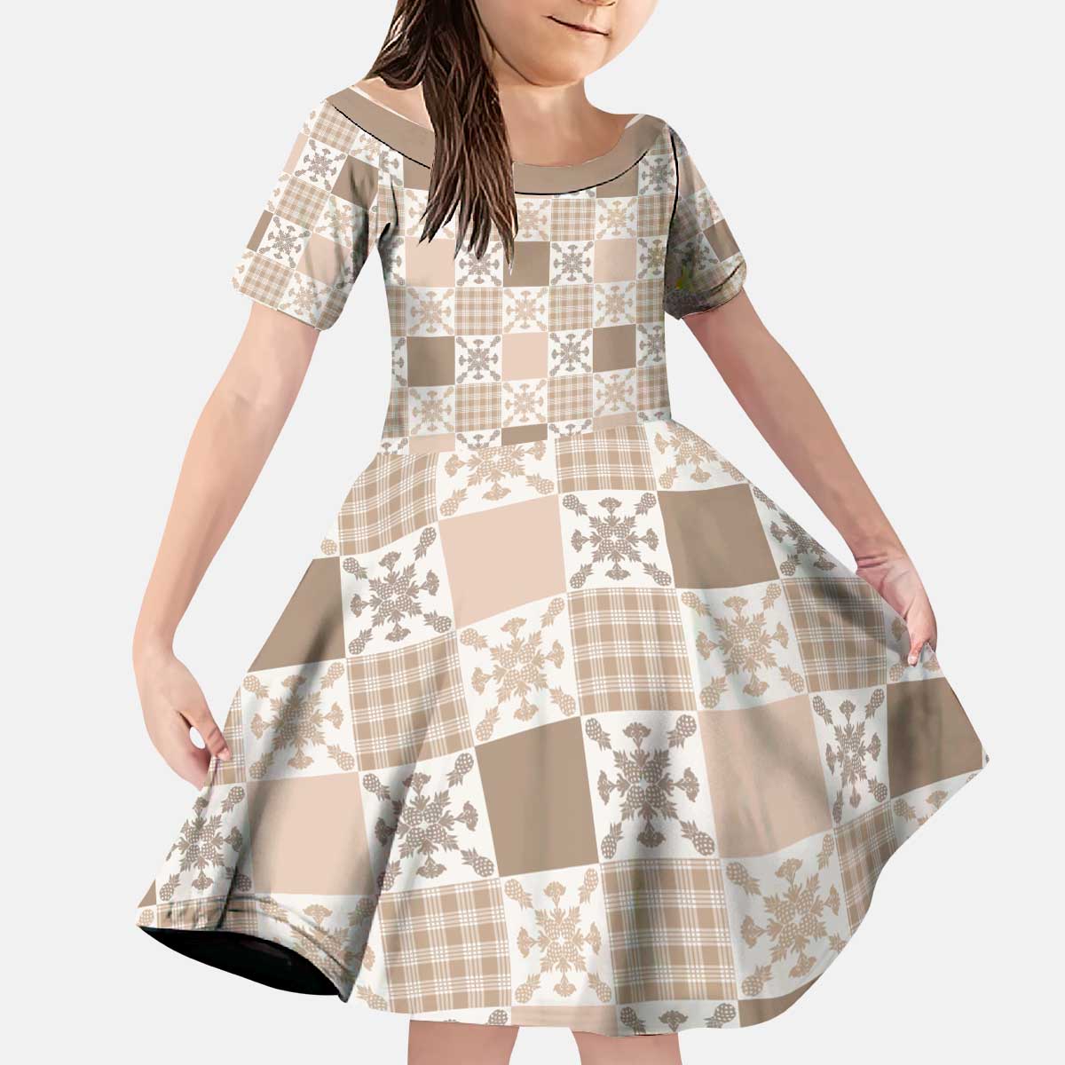 Hawaiian Palaka Quilt Pattern Kid Short Sleeve Dress Hawaii Culture Pineapple LT9 KID Beige - Polynesian Pride