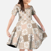 Hawaiian Palaka Quilt Pattern Kid Short Sleeve Dress Hawaii Culture Pineapple LT9 KID Beige - Polynesian Pride