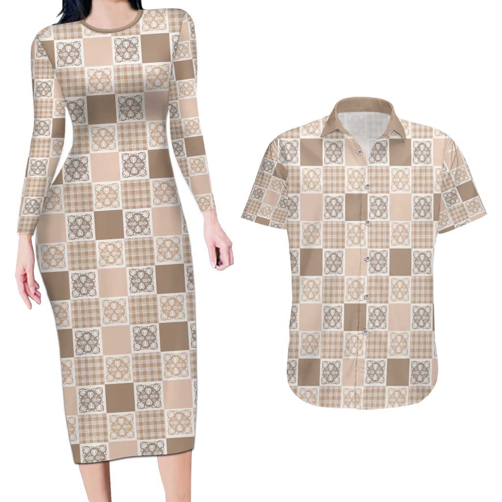 Hawaiian Palaka Quilt Pattern Couples Matching Long Sleeve Bodycon Dress and Hawaiian Shirt Hawaii Culture Tropical Flowers Mix LT9 Beige - Polynesian Pride
