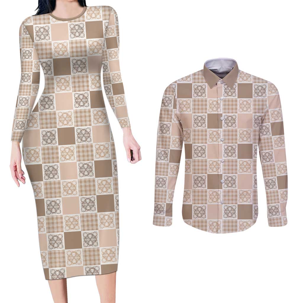 Hawaiian Palaka Quilt Pattern Couples Matching Long Sleeve Bodycon Dress and Long Sleeve Button Shirt Hawaii Culture Tropical Flowers Mix LT9 Beige - Polynesian Pride