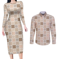 Hawaiian Palaka Quilt Pattern Couples Matching Long Sleeve Bodycon Dress and Long Sleeve Button Shirt Hawaii Culture Tropical Flowers Mix LT9 Beige - Polynesian Pride
