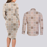 Hawaiian Palaka Quilt Pattern Couples Matching Long Sleeve Bodycon Dress and Long Sleeve Button Shirt Hawaii Culture Tropical Flowers Mix LT9 - Polynesian Pride