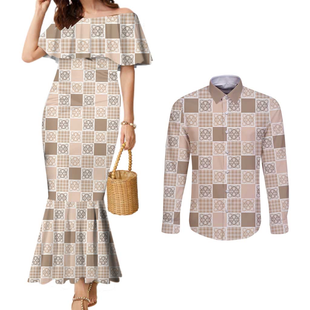 Hawaiian Palaka Quilt Pattern Couples Matching Mermaid Dress and Long Sleeve Button Shirt Hawaii Culture Tropical Flowers Mix LT9 Beige - Polynesian Pride
