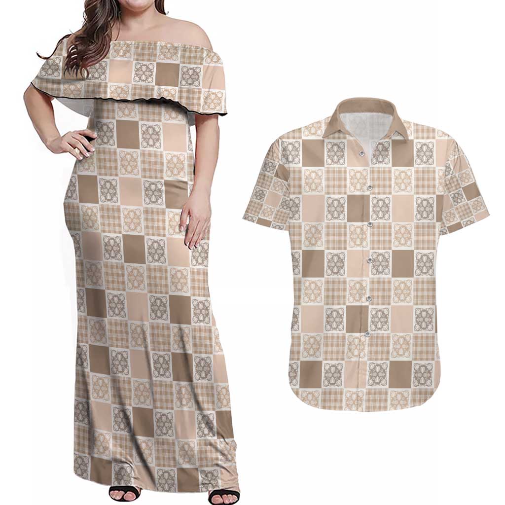Hawaiian Palaka Quilt Pattern Couples Matching Off Shoulder Maxi Dress and Hawaiian Shirt Hawaii Culture Tropical Flowers Mix LT9 Beige - Polynesian Pride