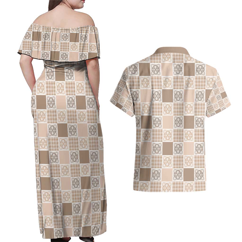 Hawaiian Palaka Quilt Pattern Couples Matching Off Shoulder Maxi Dress and Hawaiian Shirt Hawaii Culture Tropical Flowers Mix LT9 - Polynesian Pride