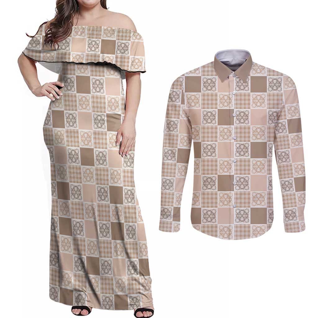 Hawaiian Palaka Quilt Pattern Couples Matching Off Shoulder Maxi Dress and Long Sleeve Button Shirt Hawaii Culture Tropical Flowers Mix LT9 Beige - Polynesian Pride