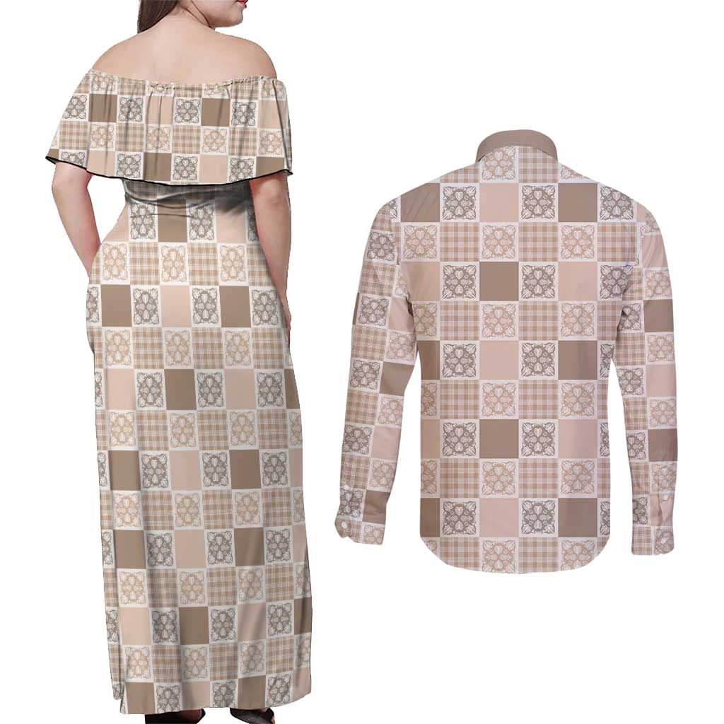 Hawaiian Palaka Quilt Pattern Couples Matching Off Shoulder Maxi Dress and Long Sleeve Button Shirt Hawaii Culture Tropical Flowers Mix LT9 - Polynesian Pride