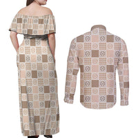 Hawaiian Palaka Quilt Pattern Couples Matching Off Shoulder Maxi Dress and Long Sleeve Button Shirt Hawaii Culture Tropical Flowers Mix LT9 - Polynesian Pride