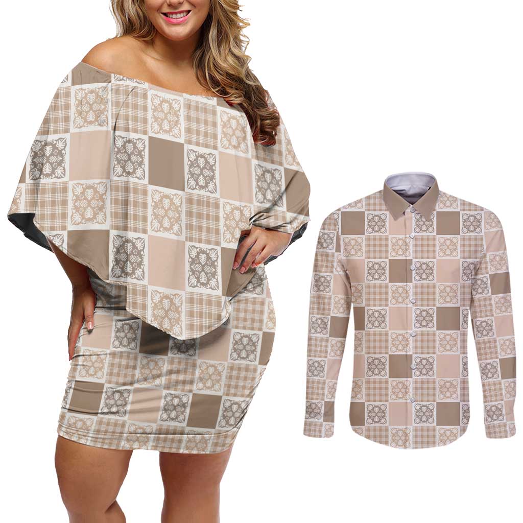 Hawaiian Palaka Quilt Pattern Couples Matching Off Shoulder Short Dress and Long Sleeve Button Shirt Hawaii Culture Tropical Flowers Mix LT9 Beige - Polynesian Pride